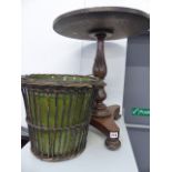 A VICTORIAN OCCASIONAL TABLE AND A BIN.