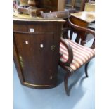 A SMALL OAK CORNER CABINET AND REGENCY ARMCHAIR.