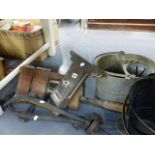 TWO VINTAGE CLAMPS. A COAL BUCKET,ETC