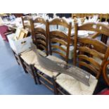 FOUR LADDER BACK CHAIRS AND TWO EDWARDIAN SIDE CHAIRS.