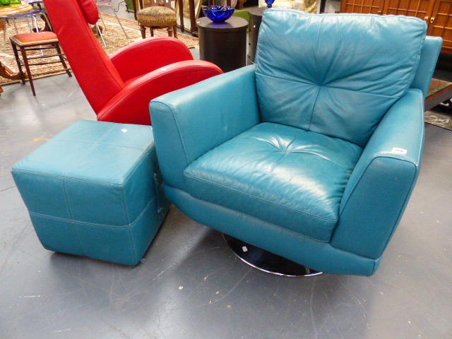 A RETRO SWIVEL ARMCHAIR AND STOOL.