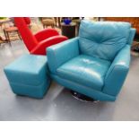 A RETRO SWIVEL ARMCHAIR AND STOOL.