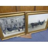 A PAIR OF GILT FRAMED COACHING SCENES.
