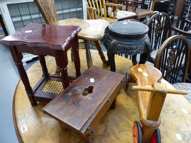 AN ANTIQUE STOOL, A SPINNER'S CHAIR, AN ORIENTAL STAND,ETC.