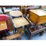 A GEORGIAN OAK ARMCHAIR, VARIOUS OCCASIONAL TABLES, A STICKSTAND AND A WORK BOX.