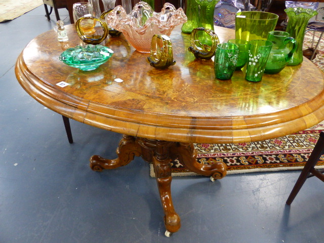 A VICTORIAN BURR WALNUT BREAKFAST TABLE.