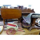 A PIANO STOOL, TWO VICTORIAN FOOTSTOOLS, A SUTHERLAND TABLE, COAL BOX, WALL SHELF AND TEXTILES.