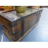 A LARGE IRON BOUND BLANKET CHEST.