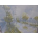 AN OIL ON CANVAS MISTY RIVER SCENE.