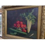 A GILT FRAMED OIL ON CANVAS STILL LIFE VEGETABLES.