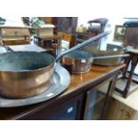 A QTY OF COPPER PANS,ETC.