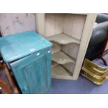 A PAINTED PINE BEDSIDE CABINET AND A CORNER SHELF UNIT.