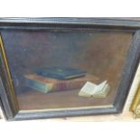 AN OIL ON CANVAS STILL LIFE OF BOOKS BY MCDONALD HAZELWOOD.