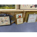 A WATERCOLOUR, A MIRROR AND FOUR NEEDLEWORK PICTURES.