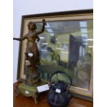 A LATE VICTORIAN SPELTER FIGURE, A CAST IRON JAPANESE KETTLE AND A PRINT.