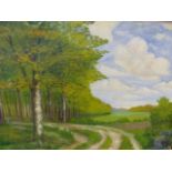 A LARGE OIL PAINTING A WOODLAND TRACK.