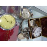 A SILVER CASED POCKET WATCH, A STOP WATCH, A SILVER POCKET WATCH CASE WITH WATCH CHAIN AND A