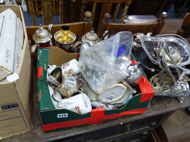 A QTY OF SILVER PLATE, CHINA AND ORNAMENTS.