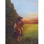 AN OIL ON CANVAS COWBOY ON HORSEBACK.