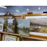 A LARGE WATERCOLOUR FARMLAND SCENE, THREE OIL PAINTINGS AND A PRINT.