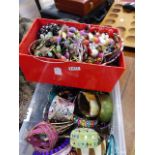 A BOX OF COSTUME JEWELLERY.