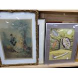 A 19th.C.GILT FRAMED CLASSICAL PRINT, A WATERCOLOUR STUDY OF SEA CRUSTACEANS AND TWO FURTHER