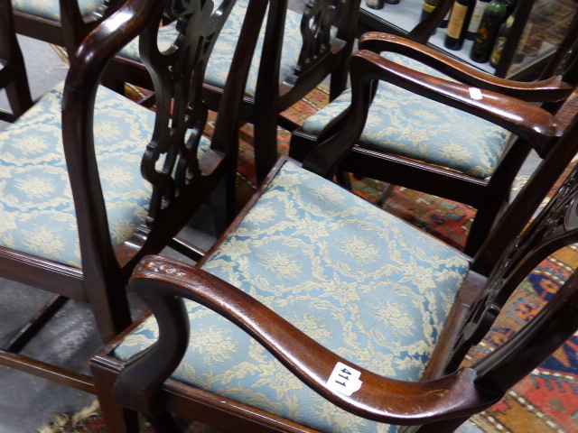 A SET OF SIX ANTIQUE GEO.III.STYLE MAHOGANY ARMCHAIRS WITH CURVED SEATS AND CARVED PIERCED BACKS. - Image 15 of 21