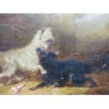 ATTRIBUTED TO GEORGE ARMFIELD (MID 19th.C.) TWO SCENES OF DOGS, OIL ON CANVAS. 20.5 x 25cms (2)