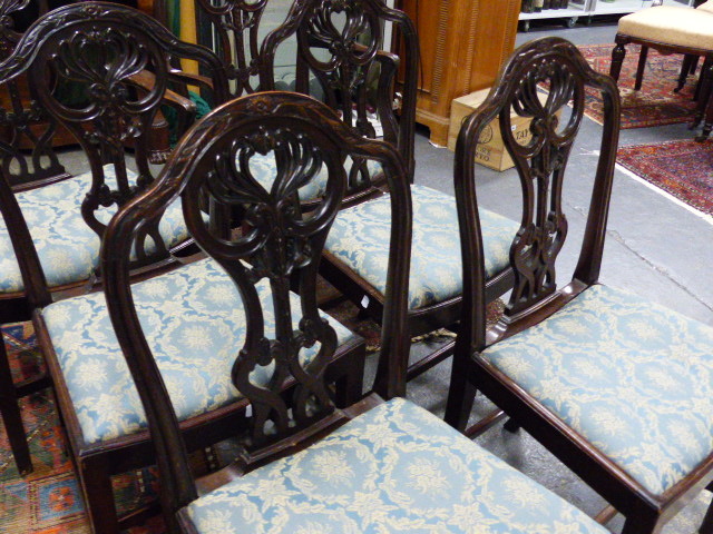 A SET OF SIX ANTIQUE GEO.III.STYLE MAHOGANY ARMCHAIRS WITH CURVED SEATS AND CARVED PIERCED BACKS. - Image 3 of 21