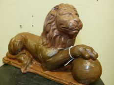 TWO PATINATED PLASTER ARCHITECTURAL MAQUETTES, ONE OF A RECUMBENT LION, THE OTHER OF A GARGOYLE. H.