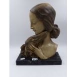 AFTER J.DOMISSE, AN ART DECO GLAZED BUST OF A LADY AND HER BORZOI, SIGNED AND ON A MARBLE BASE. H.