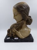 AFTER J.DOMISSE, AN ART DECO GLAZED BUST OF A LADY AND HER BORZOI, SIGNED AND ON A MARBLE BASE. H.