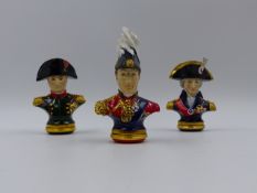 THREE HALCYON DAYS FIGURES OF NAPOLEON I, HORATIO, LORD NELSON AND DUKE OF WELLINGTON. 10cms. HIGH.