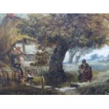 19th.C. ENGLISH SCHOOL TWO RURAL VIEWS WITH FIGURES, OIL ON CANVAS. 31 x 41cms.
