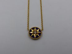 AN 18ct GOLD LAPIS LAZULI AND DIAMOND DIOR LUCKY STAR PENDANT. APPROXIMATE LENGTH 42cms, WITH SIZING