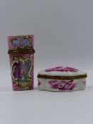 A 19th.C. CONTINENTAL PORCELAIN ETUI CASE WITH LADIES IN THEIR BOUDOIR PAINTED IN CARTOUCHES. H.