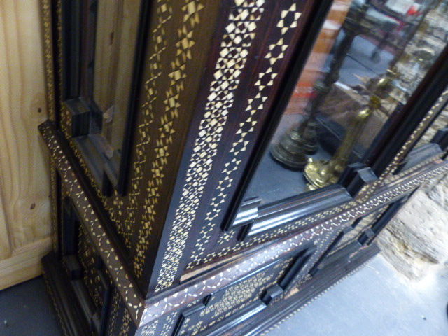 A COLONIAL MOORISH STYLE HARDWOOD AND INLAID GLAZED DISPLAY VITRINE CABINET. W.112 x H.175cms. - Image 35 of 48