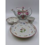 A 19th.C. NEWHALL PLATE AND MATCHING TEA BOWL AND SAUCER TOGETHER WITH A TEAPOT WITH MATCHED COVER.