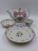 A 19th.C. NEWHALL PLATE AND MATCHING TEA BOWL AND SAUCER TOGETHER WITH A TEAPOT WITH MATCHED COVER.