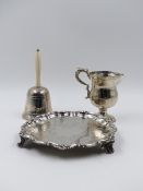 A VICTORIAN SILVER SALVER DATED 1848, A FURTHER VICTORIAN JUG (HALLMARKS NOT FOUND) TOGETHER WITH