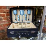 A SILVER HALLMARKED VANITY TRAVEL SET IN POWDER BLUE WITH AN ART DECO GUILLOCHE ENAMEL DESIGN IN A