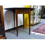 A SMALL 19th.C.MAHOGANY AND BOXWOOD INLAID PEMBROKE TABLE ON SQUARE TAPERED LEGS, THE TOP 88cms x