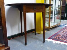 A SMALL 19th.C.MAHOGANY AND BOXWOOD INLAID PEMBROKE TABLE ON SQUARE TAPERED LEGS, THE TOP 88cms x