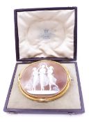 A LARGE VICTORIAN DANCING THREE GRACES CAMEO BROOCH IN A PRECIOUS YELLOW METAL FRAME. APPROXIMATE