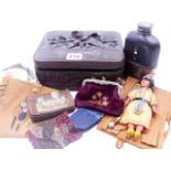 A BLACK FOREST CARVED BOX TOGETHER WITH A NORTH AMERICAN DOLL AND VARIOUS VINTAGE POUCHES AND