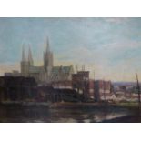 ANDREW AFFLECK (1875-1936) A CATHEDRAL VIEW SIGNED OIL ON CANVAS LANDSCAPE SCENE VERSO. 61 x 77cms.