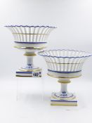 A PAIR OF FRENCH OLD PARIS FRUIT STANDS WITH BLUE AND GILT DECORATION, CRESTED. H.21cms.