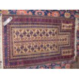 AN ANTIQUE BELOUCH PRAYER RUG. 135 x 89cms.