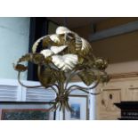 A VINTAGE GILT METAL LEAF FORM FIVE LIGHT CHANDELIER.