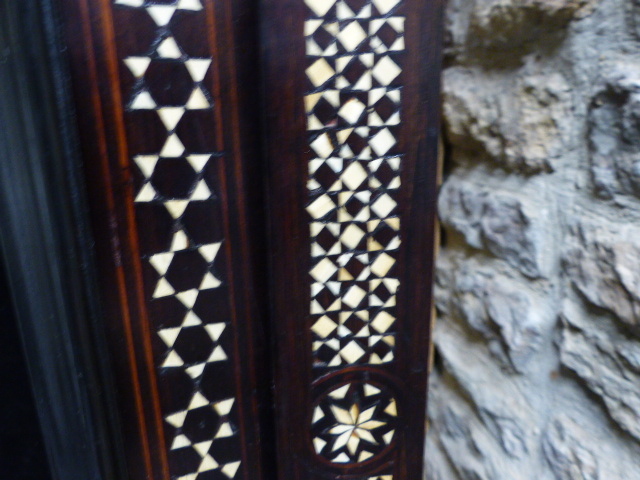 A COLONIAL MOORISH STYLE HARDWOOD AND INLAID GLAZED DISPLAY VITRINE CABINET. W.112 x H.175cms. - Image 9 of 48